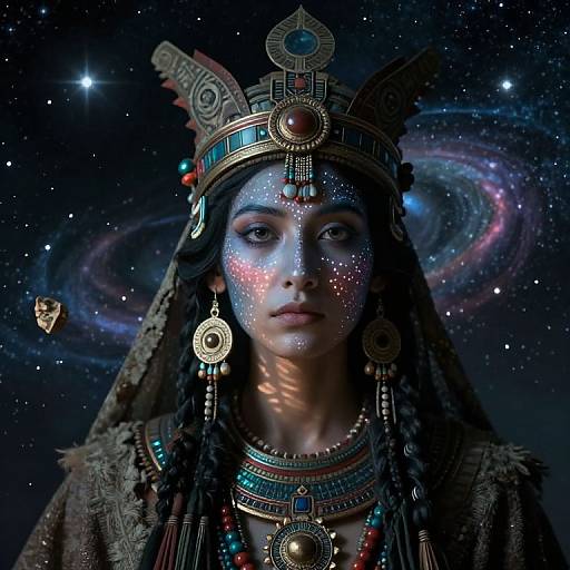 Digital artwork of a mystical woman with glowing face paint, wearing ornate jewelry and headpiece, against a starry galaxy background.