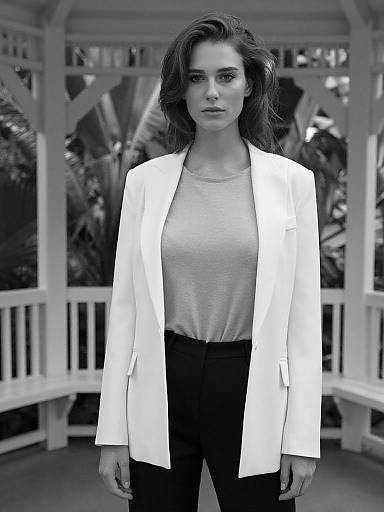 Monochrome photograph of a serious woman with wavy hair, wearing a white blazer, light gray shirt, and black pants, standing in a white