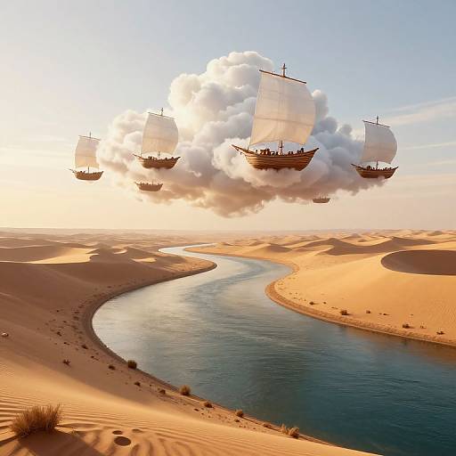 Digital art of four pirate ships with billowing white sails flying above a winding river in a golden desert landscape.