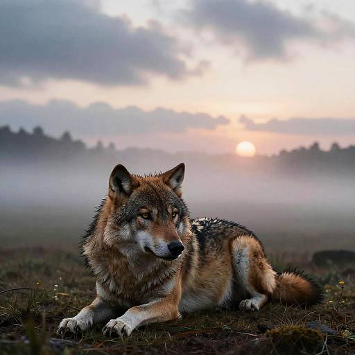 Photograph of a majestic, gray and brown wolf with piercing eyes, lying in a misty, grassy field at sunrise.