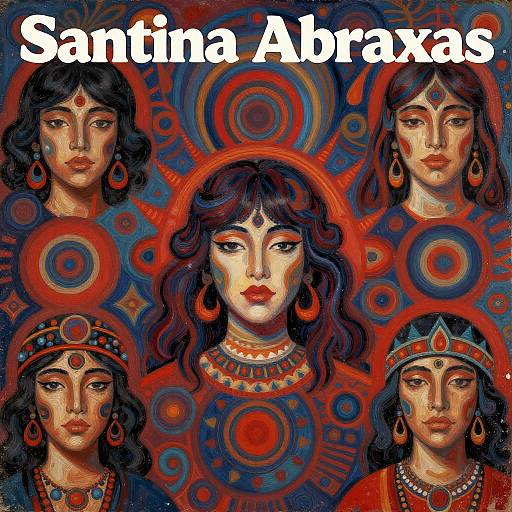 Digital painting of four South Asian women with dark hair, red and blue patterns, and jewelry, in a vibrant, circular background. Text 