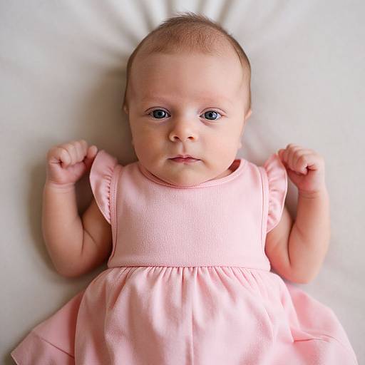 Photograph of a baby with fair skin and blue eyes, wearing a pink sleeveless dress, lying on a white surface.