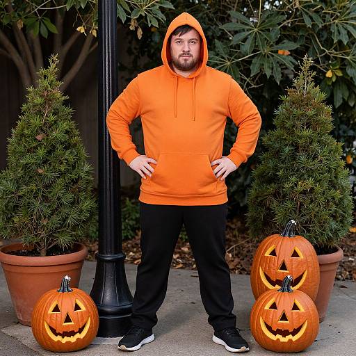 Photograph of a bearded man in an orange hoodie and black pants, standing between two carved pumpkins and two potted evergreens, with a