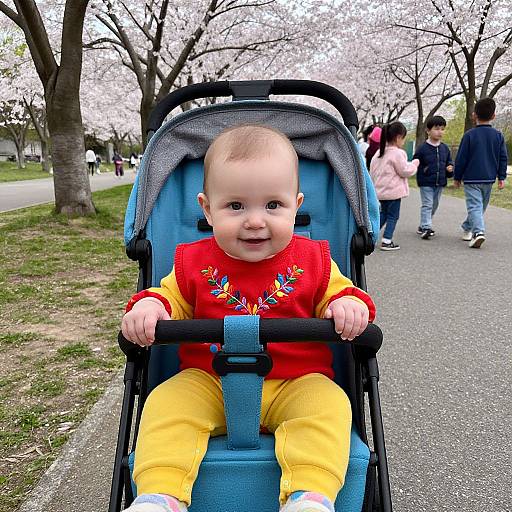Photograph of a smiling baby with light skin, wearing a red shirt with colorful embroidery, yellow pants, in a blue stroller, on a park