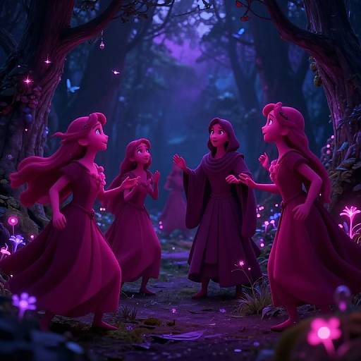 CGI fantasy scene of four pink, animated princesses in flowing dresses, surrounded by glowing purple mushrooms and fireflies, with a forest background illuminated by