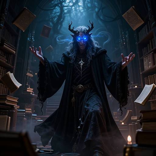 Digital artwork of a dark, demonic figure with glowing blue eyes, black horns, and a long, tattered robe, standing amidst floating books in a