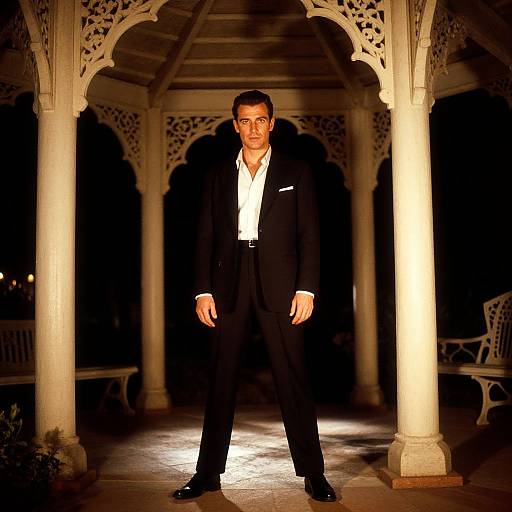Photograph of a man in a black suit, white shirt, standing under an ornate, illuminated Victorian gazebo at night.