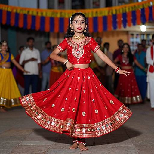 Photograph of a young Indian woman in a vibrant red traditional lehenga, adorned with gold embroidery, performing a dance in a colorful festival setting.