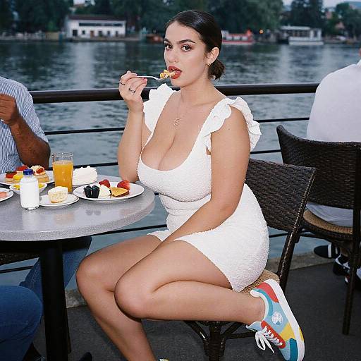 Photograph of a curvy, fair-skinned woman with dark hair in a white, ruffled dress and rainbow sneakers, eating dessert by a lakes