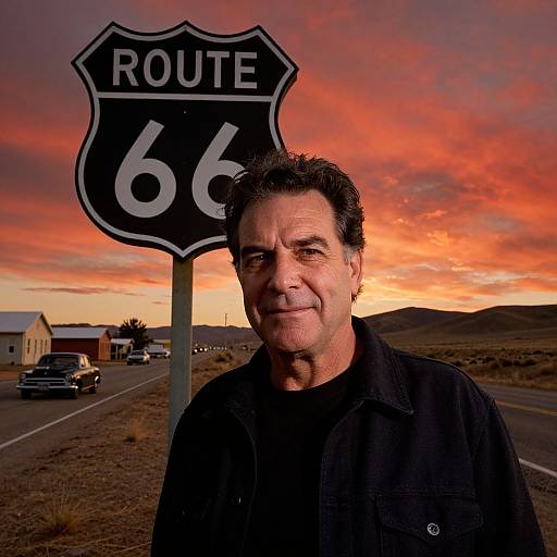 Man by Route 66 Sunset Scene