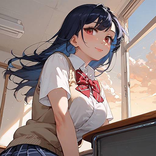 Anime Schoolgirl in Classroom at Sunset