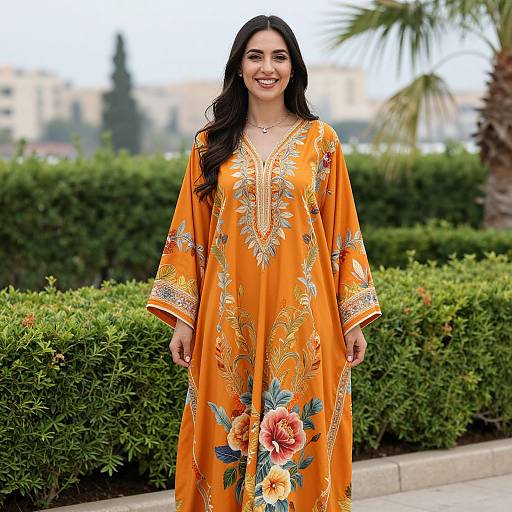 Photograph of a smiling South Asian woman with long black hair, wearing an orange floral embroidered traditional long dress, standing in front of lush green hedges