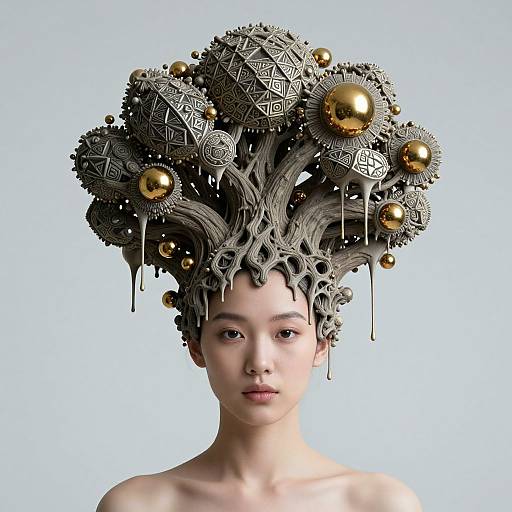 Digital artwork of a young Asian woman with intricate, metallic, gold-adorned headdress featuring geometric patterns and large golden spheres, set against a light