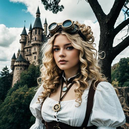 Steampunk Woman with Castle Background