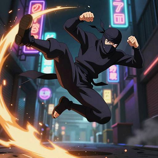 Dynamic anime-style digital artwork of a black-clad ninja mid-air kick, glowing fire trails, neon-lit urban alleyway background.