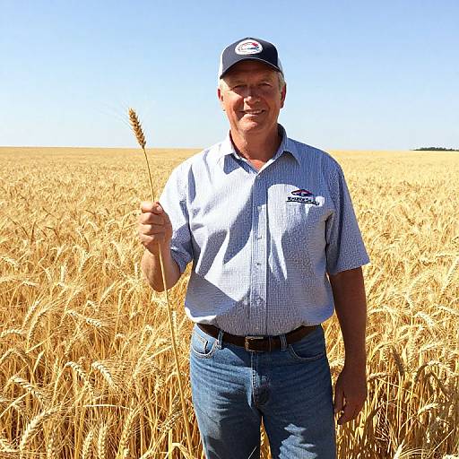 Middle-aged man in blue shirt and cap holding wheat stalk, standing in golden wheat field under clear blue sky.