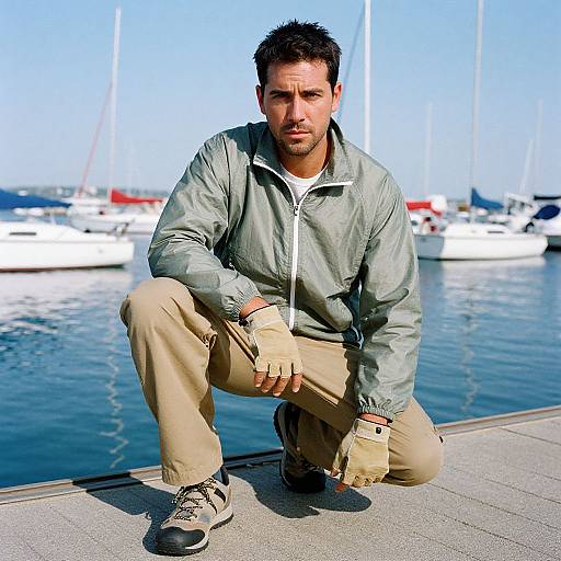 Photograph of a muscular, bearded man with short black hair, wearing a green jacket and beige pants, crouching by a marina with