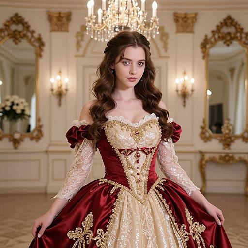 Photograph of a young woman with long brown hair in a detailed, off-shoulder, maroon and gold ball gown, standing in an op