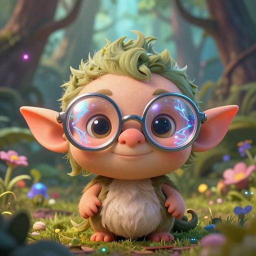 CGI image of a cute, chubby, green-haired goblin with large, glowing blue-rimmed glasses, standing in a colorful, magical forest
