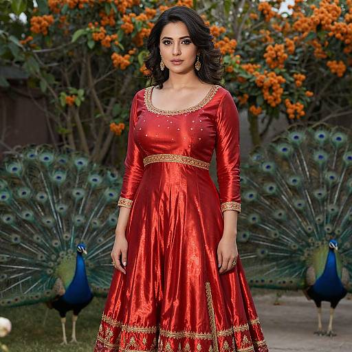 Photograph of a beautiful South Asian woman with dark hair in a red, gold-embroidered traditional dress, standing in front of peacocks