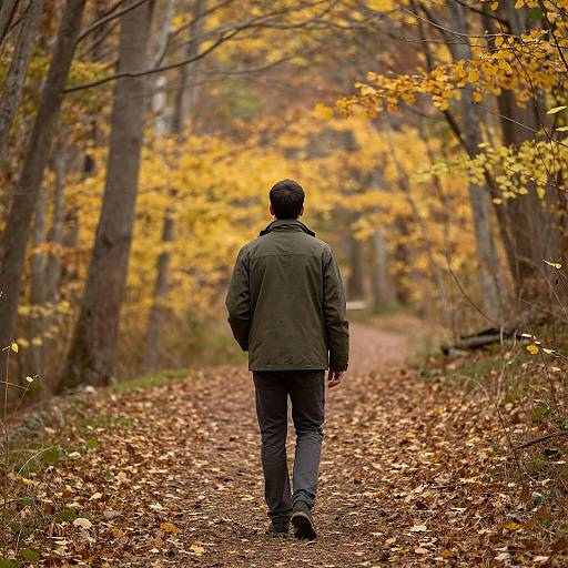 Photograph of a man in an olive green jacket and jeans walking down a leaf-covered forest path with vibrant autumn yellow and orange foliage.