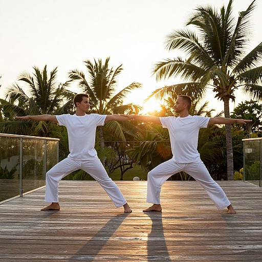 Photograph of two men in white martial arts uniforms, standing in a wide-legged stance on a wooden deck at sunset, with palm trees in the background
