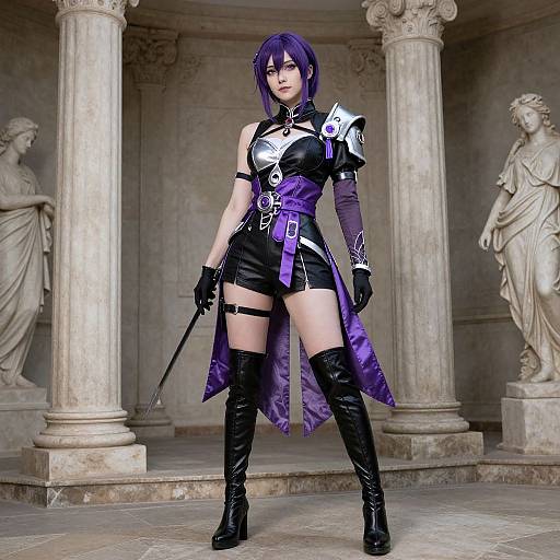 CGI image of a purple-haired, fair-skinned woman in black and purple fantasy armor, thigh-high boots, holding a sword, standing in a