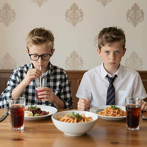 Boys Dining at a Wooden Table