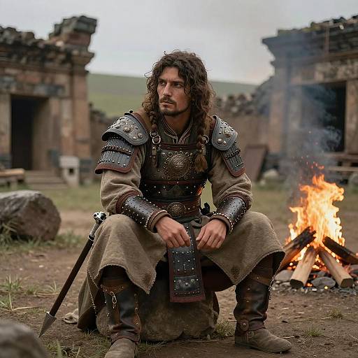 Photograph of a muscular, long-haired man in medieval armor, kneeling by a burning fire in a ruined, stone building setting.