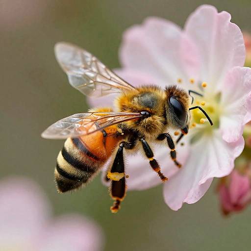 Close-up photograph of a honeybee with translucent wings, orange and black striped abdomen, and fuzzy body, feeding on a pale pink flower.