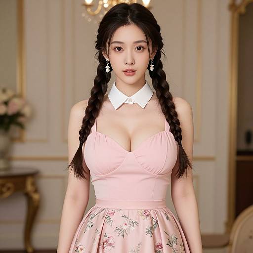 Digital artwork of an East Asian woman with long braided black hair, wearing a pink floral dress with a white collar, standing in an elegant, orn