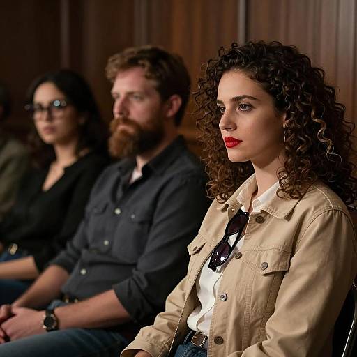 Thoughtful young woman with curly hair in dimly lit room