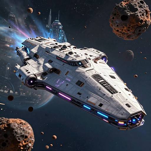 CGI sci-fi image of a white, futuristic, glowing spaceship with blue and purple lights, flying through a dark, asteroid-filled space.