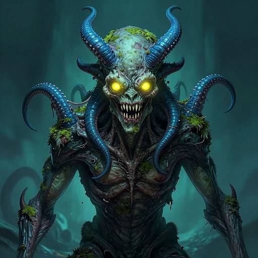 Digital artwork of a terrifying, blue-horned demon with glowing yellow eyes, sharp teeth, and moss-covered, skeletal, muscular body in a dark