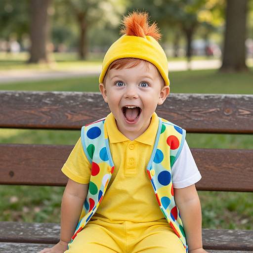 Photograph of a surprised baby with bright blue eyes, wearing a yellow hat with an orange tuft, yellow shirt, and polka-dotted vest