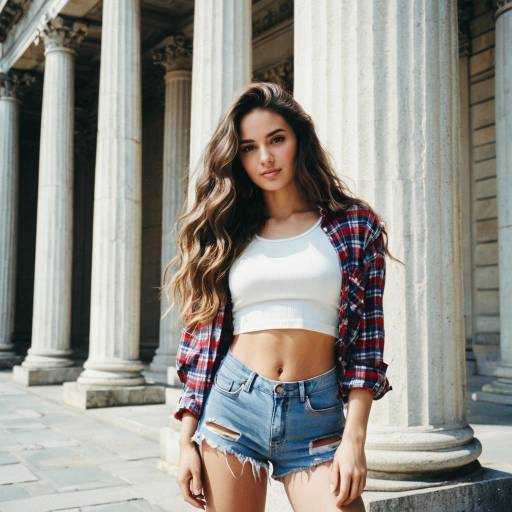 Young Woman in Casual Summer Outfit by Columns