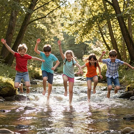 Photograph of five children joyfully jumping in a sunlit forest stream, wearing casual clothes, arms raised, surrounded by tall trees and sunlight filtering through