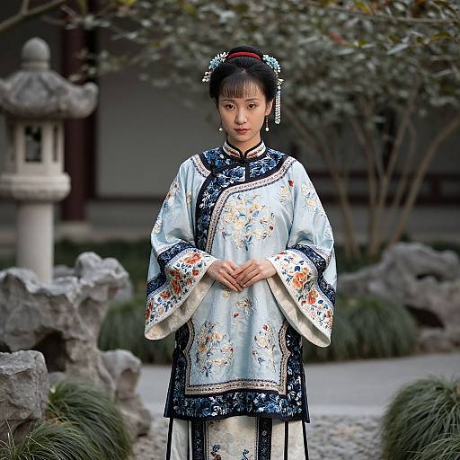 Photograph of a young Asian girl in traditional floral kimono, standing in a serene garden with stone lantern and greenery.