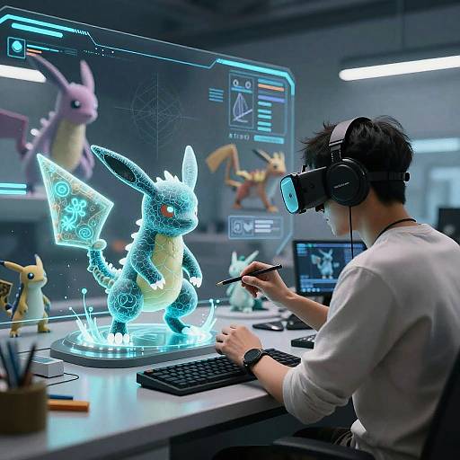 Digital artist in VR headset creates glowing blue Pokémon on futuristic desk, surrounded by various digital screens and Pokémon figures.