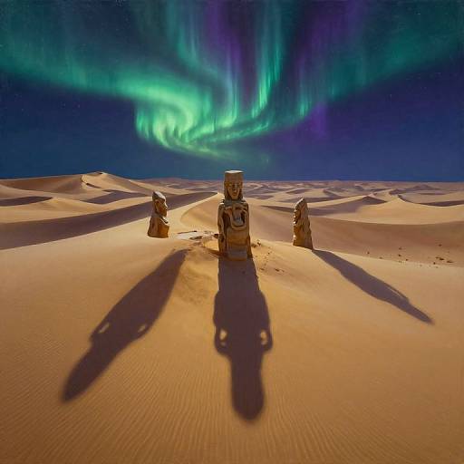 Photograph of three shadowed stone statues in a desert under vibrant green and purple Northern Lights, casting long shadows on sand dunes.