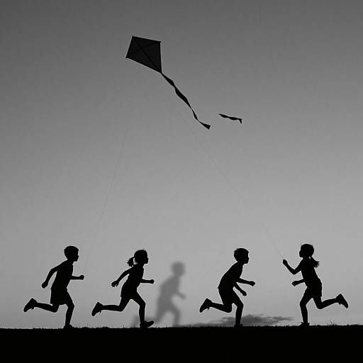 Silhouette photograph of four children running, flying a kite, against a twilight sky with a single kite visible above.