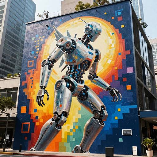 Photograph of a metallic robot statue with jointed limbs, standing on a colorful, pixelated mural of a sunburst against a city building. Urban