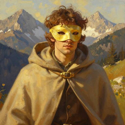 Enigmatic Masked Figure in Mountains