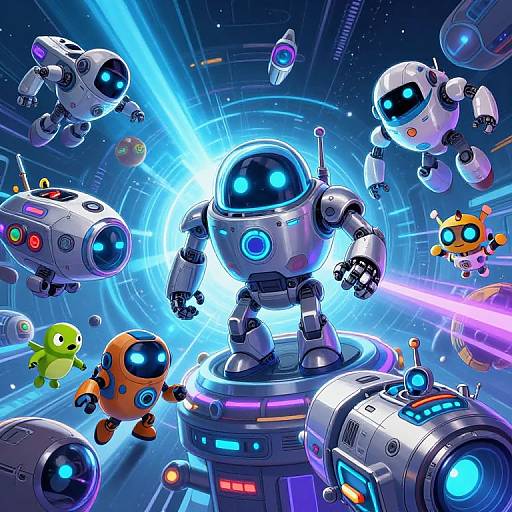 Digital illustration of a futuristic space scene featuring glowing, colorful robotic characters with blue and black screens, surrounded by vibrant blue and purple energy beams against a star