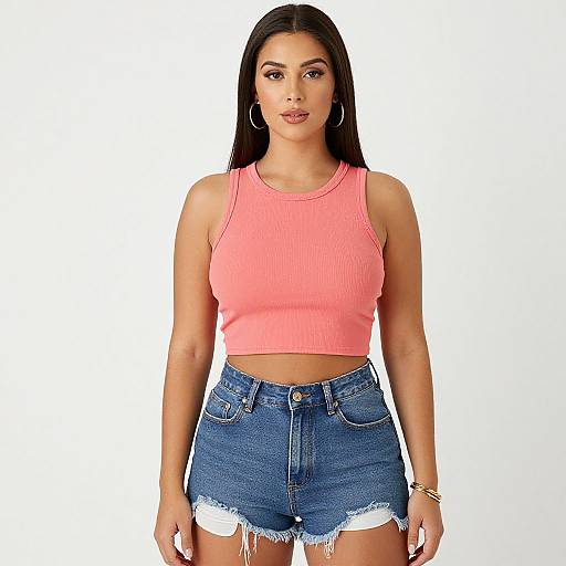 Photograph of a young woman with long black hair, wearing a pink ribbed crop top and frayed blue denim shorts, standing against a white background
