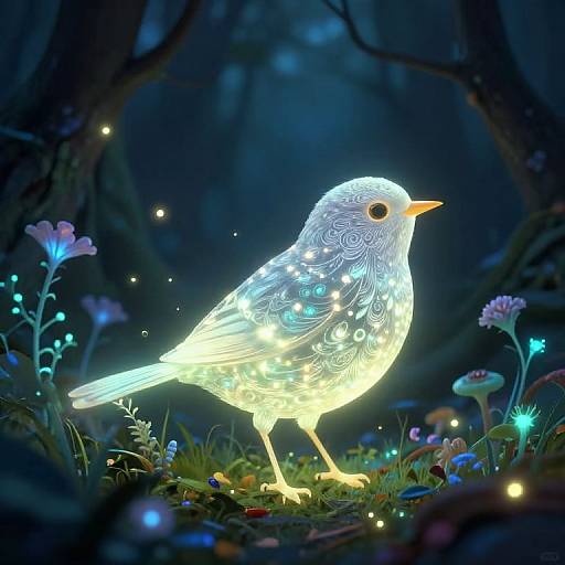 Mystical Bioluminescent Forest Birds