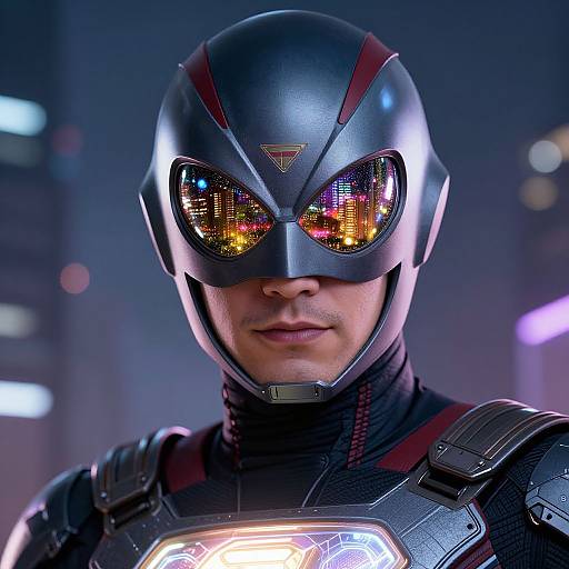 Close-up photograph of a man in a futuristic, black and red armored suit with glowing, multicolored eyes and a helmet. Neon-lit background