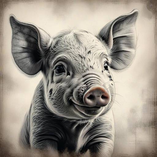 Vintage Black and White Piglet Portrait