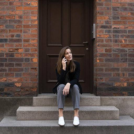 Casual Woman on Brick Steps with Phone