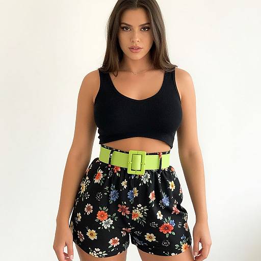 Photograph of a young woman with long dark brown hair, wearing a black crop top, black floral shorts, and a neon yellow belt, standing against